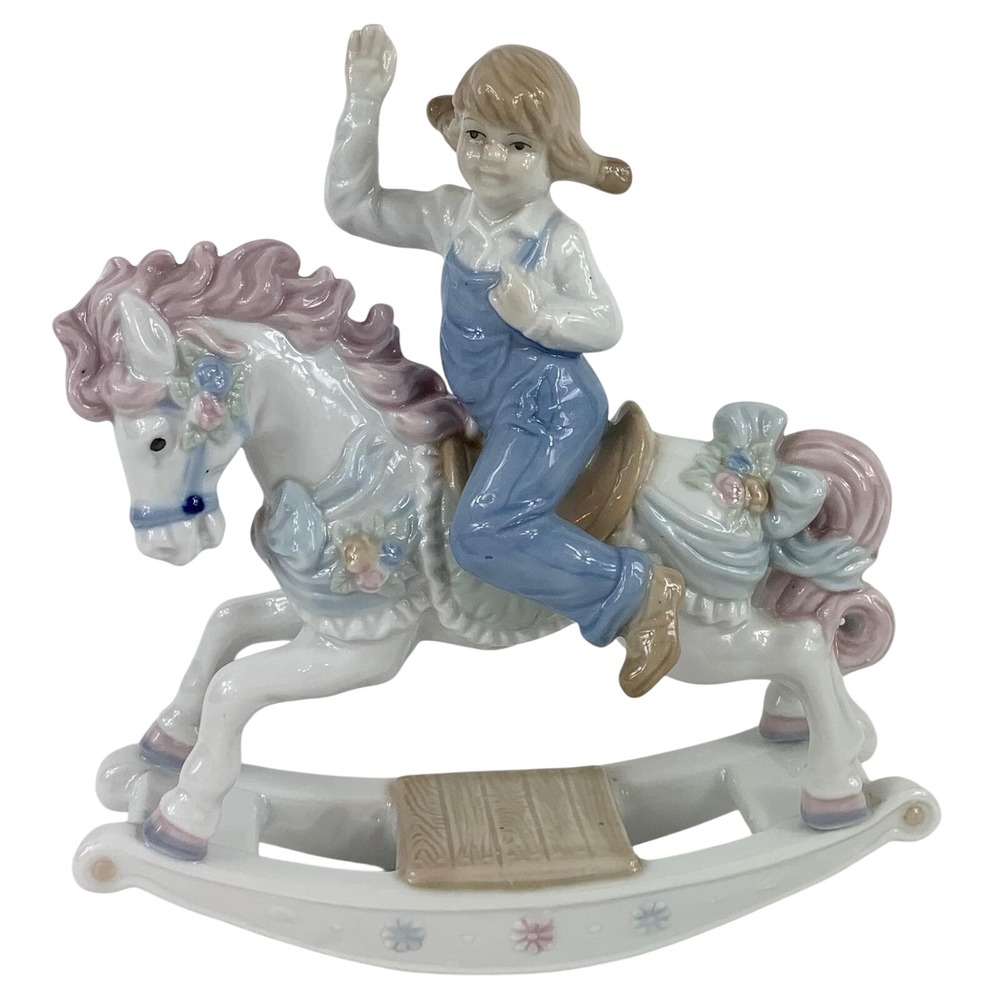 Paul Sebastian 1991 Porcelain Figurine Girl Rocking Horse Blue Overalls Vintage‎